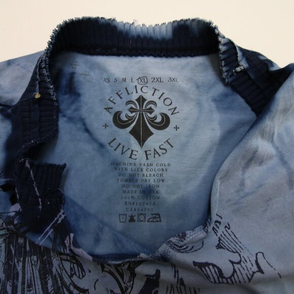 Affliction T-Shirt XL Blue Dye V Neck Ribbed Felt Detail Cross Cyber Goth Grunge - Picture 11 of 16
